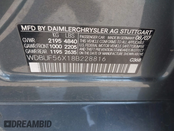 2008 Mercedes-Benz E-Class Luxury 3.5L with VIN WDBUF56X18B228816, listed as a IAAI auction lot 41839315 with 148,521 mi miles. Bid and sale history available at carsss.com. Image 9.