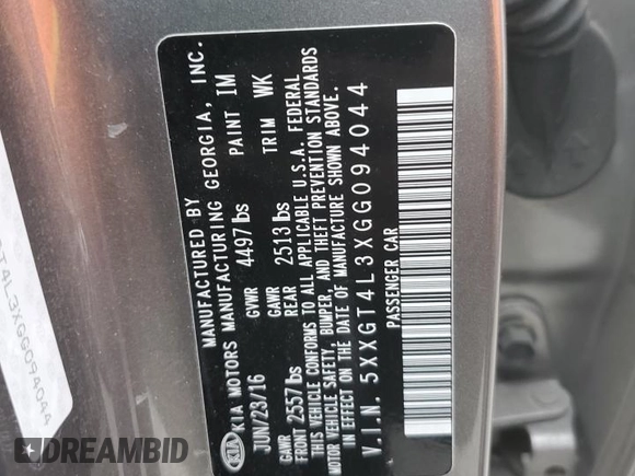 2016 Kia Optima LX with VIN 5XXGT4L3XGG094044, listed as a Copart auction lot 50352784 with 55,341 mi miles and Salvage Title. Bid and sale history available at carsss.com. Image 12.