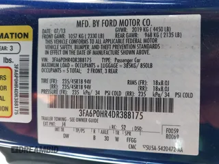 2013 Ford Fusion SE with VIN 3FA6P0HR4DR388175, listed as a IAAI auction lot 42561541 with 110,728 mi miles and . Bid and sale history available at DreamBid. Image 9.