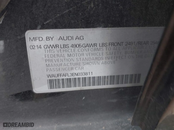 2014 Audi A4 Premium Plus with VIN WAUFFAFL3EN033811, listed as a IAAI auction lot 41655552 with 132,410 mi miles. Bid and sale history available at carsss.com. Image 9.