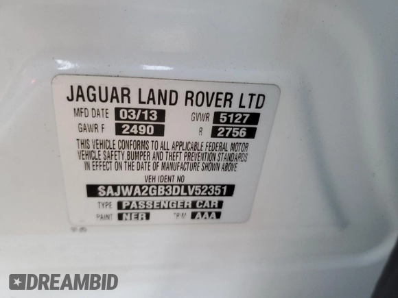 2013 Jaguar XJ with VIN SAJWA2GB3DLV52351, listed as a Copart auction lot 73343244 with 78,522 mi miles and Salvage Title. Bid and sale history available at carsss.com. Image 14.
