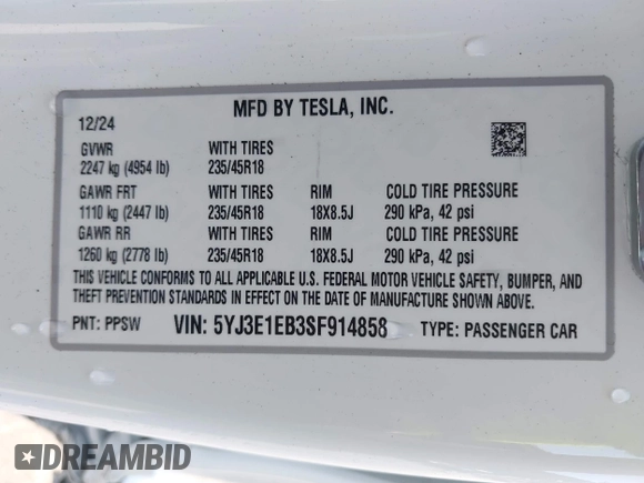2025 Tesla Model 3 Long Range with VIN 5YJ3E1EB3SF914858, listed as a IAAI auction lot 42719707 with 5,849 mi miles and . Bid and sale history available at DreamBid. Image 9.