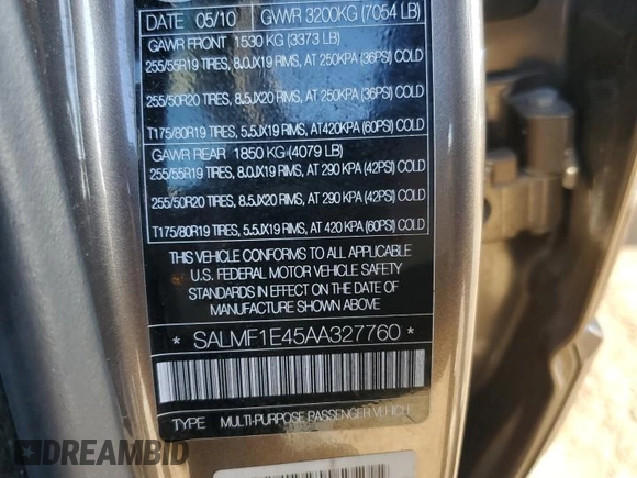 2010 Land Rover Range Rover SC z VIN SALMF1E45AA327760, wystawiony jako Copart lot #83253874 z przebiegiem 93 203 mil mil oraz Szkoda całkowita • Salvage title. Historia ofert i sprzedaży dostępna na DreamBid. Obrazek 13.
