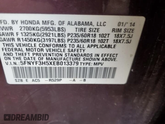 2014 Honda Pilot EX-L with VIN 5FNYF3H5XEB013379, listed as a Copart auction lot 51962575 with 366,377 mi miles and Clean Title. Bid and sale history available at DreamBid. Image 13.