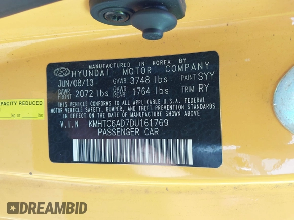 2013 Hyundai Veloster w/Black Int with VIN KMHTC6AD7DU161769, listed as a IAAI auction lot 42448221 with 139,936 mi miles and . Bid and sale history available at DreamBid. Image 9.