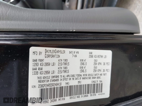 2005 Dodge Grand Caravan with VIN 2D8GP24R55R248418, listed as a IAAI auction lot 42147890 with Not Provided miles and . Bid and sale history available at DreamBid. Image 9.