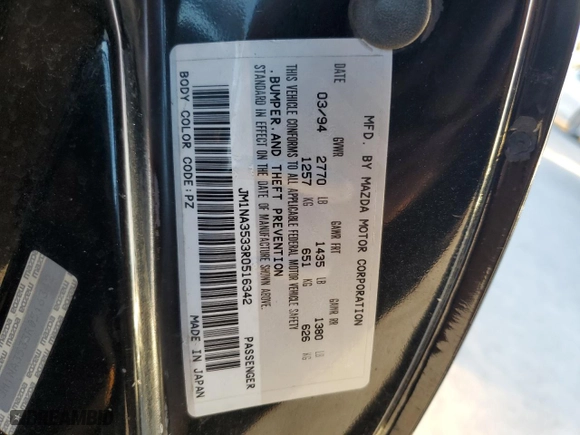 1994 Mazda MX-5 Miata with VIN JM1NA3533R0516342, listed as a Copart auction lot 82159944 with NaN miles and Salvage Title. Bid and sale history available at carsss.com. Image 12.