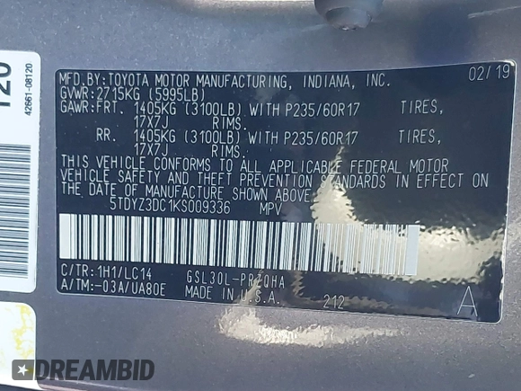 2019 Toyota Sienna XLE Auto Access Seat with VIN 5TDYZ3DC1KS009336, listed as a IAAI auction lot 41774424 with 108,334 mi miles. Bid and sale history available at carsss.com. Image 9.