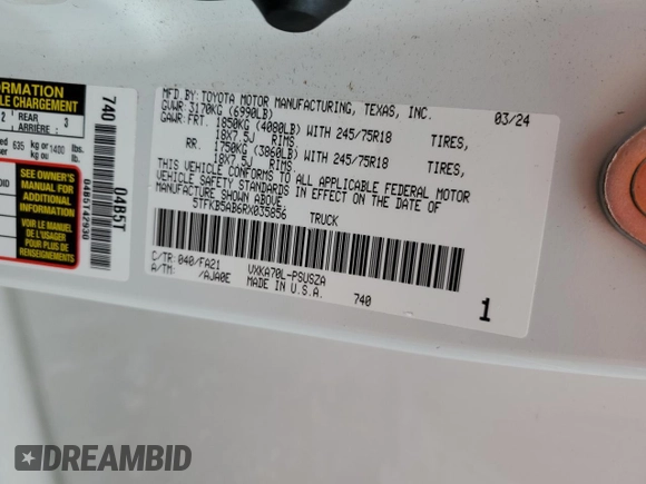 2024 Toyota Tundra 2WD SR with VIN 5TFKB5AB6RX035856, listed as a Copart auction lot 50875855 with 23,729 mi miles and Salvage Title. Bid and sale history available at carsss.com. Image 12.