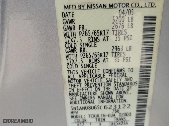 2005 Nissan Xterra S with VIN 5N1AN08U65C623122, listed as a Copart auction lot 49811805 with 199,401 mi miles and Clean Title. Bid and sale history available at carsss.com. Image 13.
