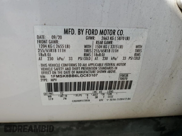 2020 Ford Explorer with VIN 1FMSK8BB6LGC83107, listed as a Copart auction lot 72339414 with Not Provided miles and Salvage Title. Bid and sale history available at carsss.com. Image 14.
