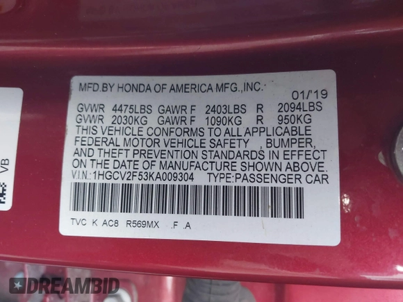 2019 Honda Accord EX-L with VIN 1HGCV2F53KA009304, listed as a IAAI auction lot 41503661 with 102,751 mi miles and . Bid and sale history available at DreamBid. Image 9.