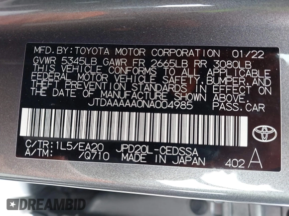 2022 Toyota Mirai XLE z VIN JTDAAAAA0NA004985, wystawiony jako IAAI lot #41902348 z przebiegiem 36 208 mil mil oraz . Historia ofert i sprzedaży dostępna na DreamBid. Obrazek 9.
