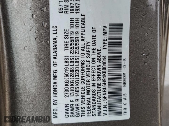 2019 Honda Odyssey Elite with VIN 5FNRL6H94KB004044, listed as a Copart auction lot 44556275 with 62,492 mi miles and Salvage Title. Bid and sale history available at DreamBid. Image 15.