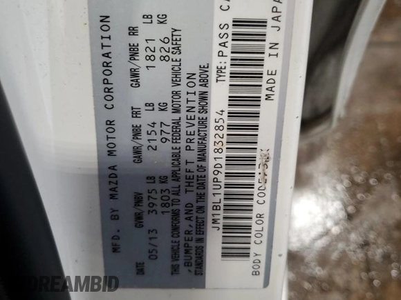 2013 Mazda 3 i Sport with VIN JM1BL1UP9D1832854, listed as a Copart auction lot 64844695 with 83,381 mi miles and Salvage title. Bid and sale history available at DreamBid. Image 12.