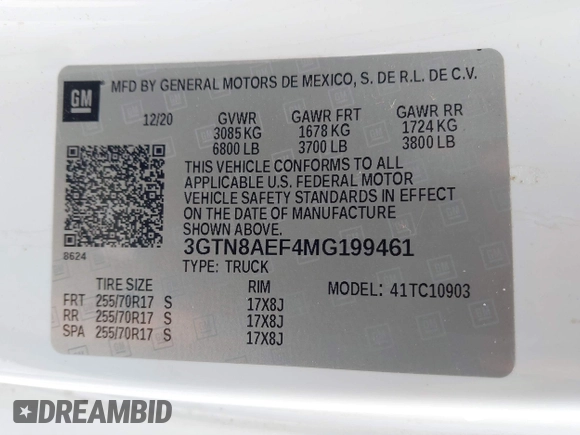 2021 GMC Sierra 1500 with VIN 3GTN8AEF4MG199461, listed as a IAAI auction lot 41545361 with 39,000 mi miles and . Bid and sale history available at DreamBid. Image 9.