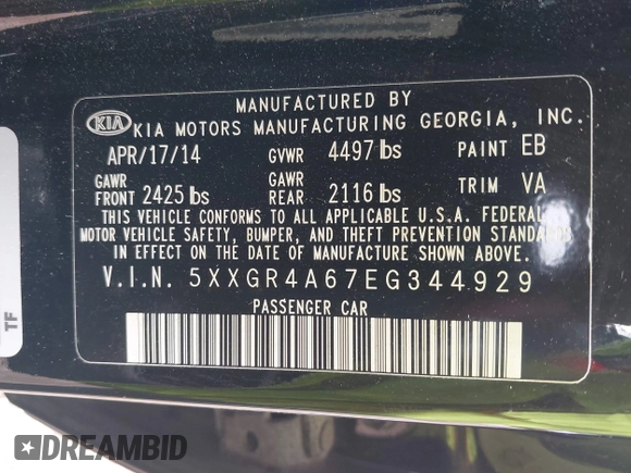 2014 Kia Optima SX Turbo with VIN 5XXGR4A67EG344929, listed as a IAAI auction lot 42638108 with 139,373 mi miles and . Bid and sale history available at DreamBid. Image 9.