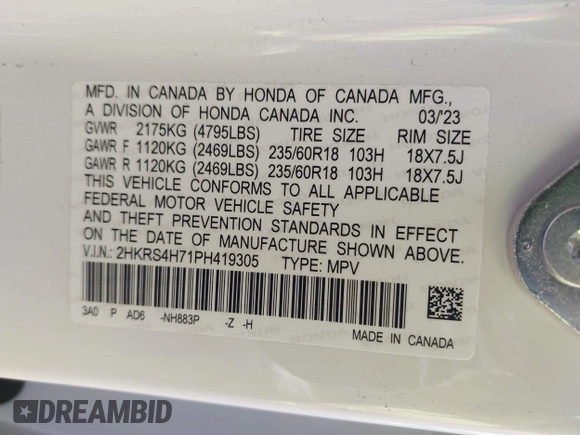 2023 Honda CR-V EX-L with VIN 2HKRS4H71PH419305, listed as a IAAI auction lot 41681819 with 15,336 mi miles. Bid and sale history available at carsss.com. Image 9.