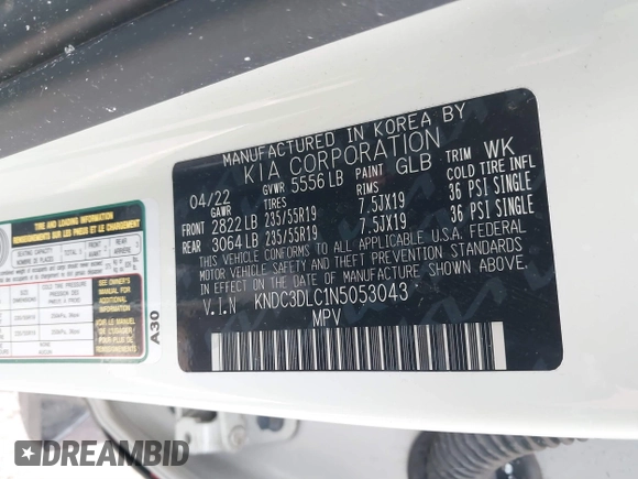 2022 Kia EV6 Wind with VIN KNDC3DLC1N5053043, listed as a IAAI auction lot 41861450 with Not Provided miles and . Bid and sale history available at DreamBid. Image 9.