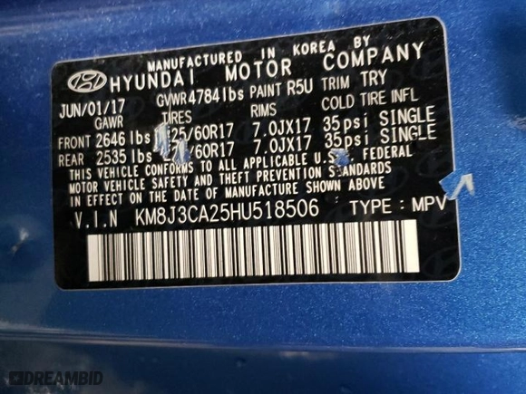 2017 Hyundai Tucson Sport with VIN KM8J3CA25HU518506, listed as a Copart auction lot 52962665 with 36,284 mi miles and Salvage Title. Bid and sale history available at carsss.com. Image 12.