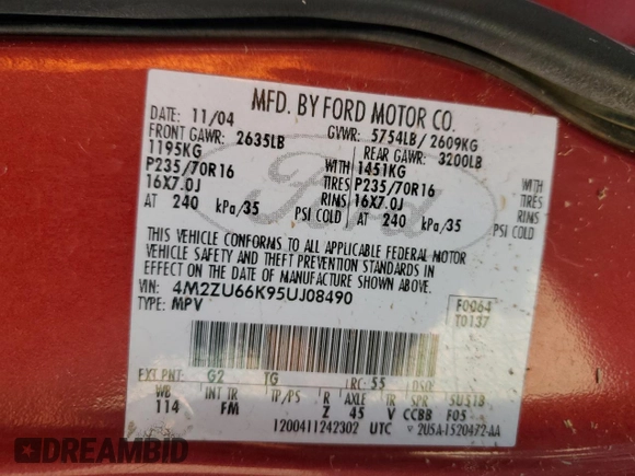 2005 Mercury Mountaineer z VIN 4M2ZU66K95UJ08490, wystawiony jako Copart lot #79727874 z przebiegiem 55 874 mil mil oraz Szkoda całkowita • Salvage title. Historia ofert i sprzedaży dostępna na DreamBid. Obrazek 13.