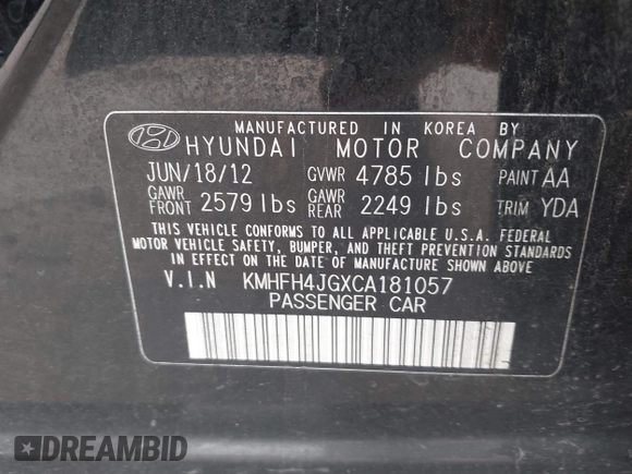 2012 Hyundai Azera с VIN KMHFH4JGXCA181057, выставлен на аукционе IAAI как лот 42666533 с пробегом 135 677 миль миль и . История ставок и продаж доступна на DreamBid. Изображение 9.