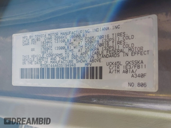 2003 Toyota Sequoia SR5 with VIN 5TDBT44A63S194948, listed as a IAAI auction lot 41865958 with 241,207 mi miles and . Bid and sale history available at DreamBid. Image 9.