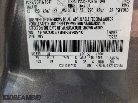 2011 Ford Escape Limited z VIN 1FMCU0E78BKB90916, wystawiony jako Copart lot #53715585 z przebiegiem 140 022 mil mil oraz Szkoda całkowita • Salvage title. Historia ofert i sprzedaży dostępna na DreamBid. Obrazek 13.