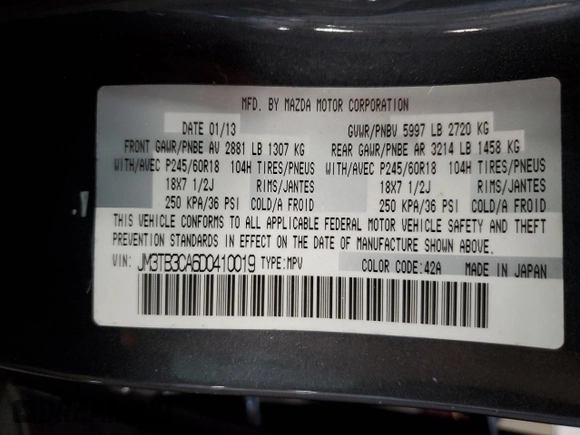2013 Mazda CX-9 Touring with VIN JM3TB3CA6D0410019, listed as a Copart auction lot 63772945 with 126,662 mi miles and Clean title. Bid and sale history available at DreamBid. Image 13.