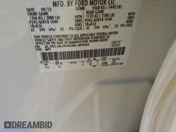 2013 Lincoln MKX with VIN 2LMDJ6JK0DBL46944, listed as a Copart auction lot 48388305 with 85,785 mi miles and Salvage Title. Bid and sale history available at carsss.com. Image 12.