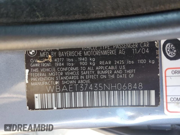 2005 BMW 3 Series 325i with VIN WBAET37435NH06848, listed as a Copart auction lot 44461725 with 91,042 mi miles and Salvage Title. Bid and sale history available at carsss.com. Image 12.