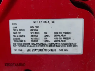 2022 Tesla Model Y Long Range with VIN 7SAYGDEE7NF549278, listed as a IAAI auction lot 42072801 with 39,374 mi miles and . Bid and sale history available at carsss.com. Image 9.