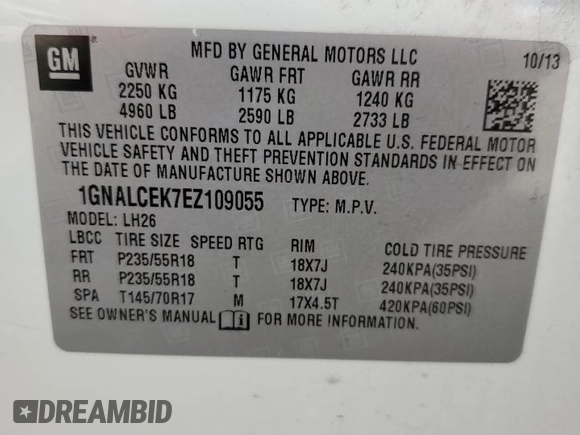 2014 Chevrolet Equinox LT with VIN 1GNALCEK7EZ109055, listed as a Copart auction lot 51068725 with 128,794 mi miles and Salvage Title. Bid and sale history available at carsss.com. Image 16.