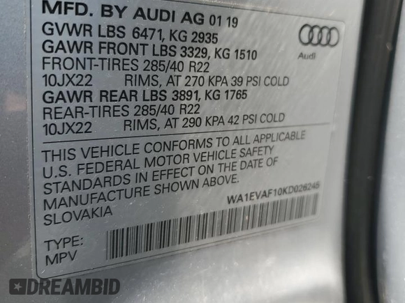 2019 Audi Q8 Premium Plus with VIN WA1EVAF10KD026245, listed as a Copart auction lot 50052993 with 44,522 mi miles. Bid and sale history available at carsss.com. Image 15.