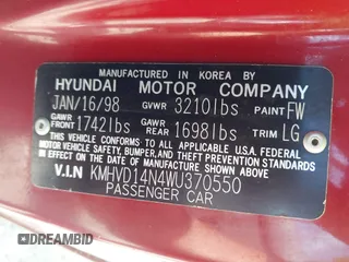 1998 Hyundai Accent с VIN KMHVD14N4WU370550, выставлен на аукционе IAAI как лот 42433008 с пробегом 178 759 миль миль и . История ставок и продаж доступна на DreamBid. Изображение 9.