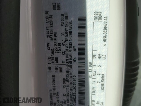 2020 Ford Escape Titanium Hybrid with VIN 1FMCU9DZ9LUC51915, listed as a Copart auction lot 77211074 with 40,170 mi miles and Salvage title. Bid and sale history available at DreamBid. Image 13.