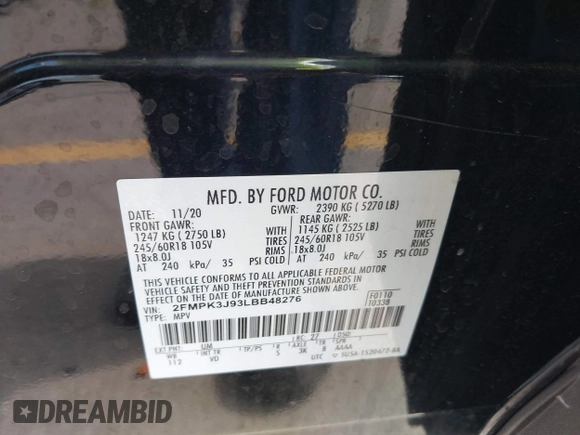 2020 Ford Edge SEL with VIN 2FMPK3J93LBB48276, listed as a IAAI auction lot 42410956 with 61,723 mi miles and . Bid and sale history available at DreamBid. Image 9.