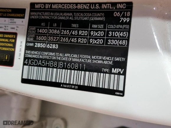 2018 Mercedes-Benz GLE with VIN 4JGDA5HB8JB160811, listed as a Copart auction lot 87451694 with 91,617 mi miles and Salvage Title. Bid and sale history available at carsss.com. Image 13.