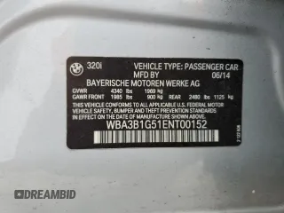 2014 BMW 3 Series 320i with VIN WBA3B1G51ENT00152, listed as a Copart auction lot 43399365 with 128,397 mi miles and Salvage Title. Bid and sale history available at carsss.com. Image 14.