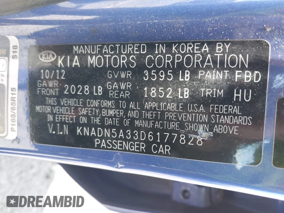 2013 Kia Rio SX with VIN KNADN5A33D6177828, listed as a IAAI auction lot 42534171 with 105,645 mi miles and . Bid and sale history available at DreamBid. Image 9.