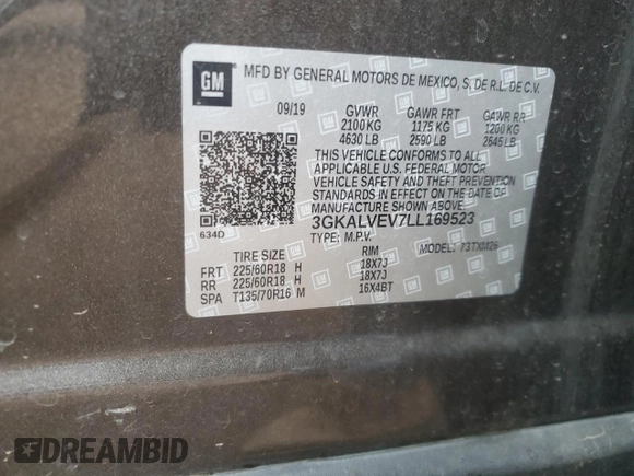 2020 GMC Terrain SLT with VIN 3GKALVEV7LL169523, listed as a Copart auction lot 55866555 with 127,713 mi miles and Salvage title. Bid and sale history available at DreamBid. Image 13.