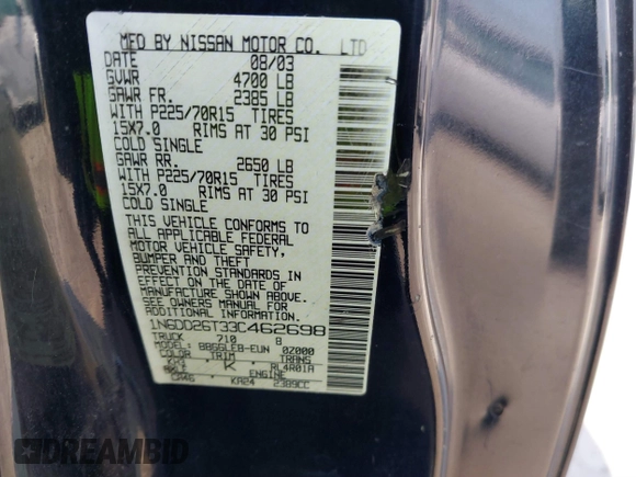 2003 Nissan Frontier XE with VIN 1N6DD26T33C462698, listed as a IAAI auction lot 41854779 with 128,709 mi miles and . Bid and sale history available at DreamBid. Image 9.