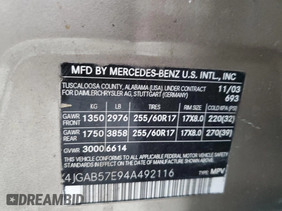 2004 Mercedes-Benz M-Class 3.5L with VIN 4JGAB57E94A492116, listed as a Copart auction lot 83847424 with 108,048 mi miles and Salvage Title. Bid and sale history available at carsss.com. Image 13.