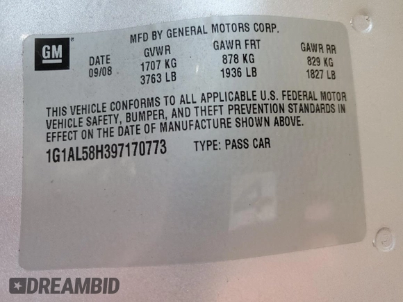 2009 Chevrolet Cobalt with VIN 1G1AL58H397170773, listed as a Copart auction lot 76011724 with 151,230 mi miles and Salvage Title. Bid and sale history available at DreamBid. Image 12.