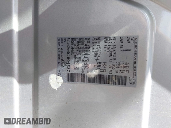 2019 Nissan Pathfinder S z VIN 5N1DR2MN0KC604587, wystawiony jako IAAI lot #41902222 z przebiegiem 91 185 mil mil oraz . Historia ofert i sprzedaży dostępna na DreamBid. Obrazek 9.