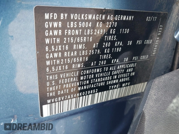 2017 Volkswagen Tiguan S with VIN WVGBV7AX4HK029852, listed as a IAAI auction lot 41654651 with 37,759 mi miles and . Bid and sale history available at DreamBid. Image 9.
