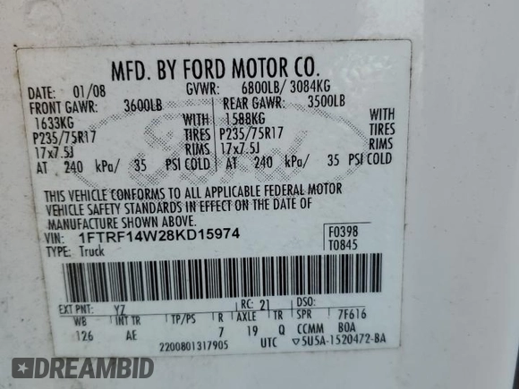 2008 Ford F-150 XL with VIN 1FTRF14W28KD15974, listed as a Copart auction lot 42514305 with 90,015 mi miles and Salvage Title. Bid and sale history available at carsss.com. Image 12.