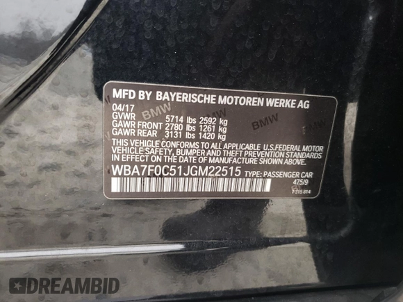 2018 BMW 7 Series 750i with VIN WBA7F0C51JGM22515, listed as a Copart auction lot 86486914 with 0 mi miles and Salvage Title. Bid and sale history available at carsss.com. Image 12.