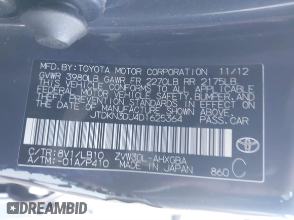 2013 Toyota Prius One with VIN JTDKN3DU4D1625364, listed as a IAAI auction lot 41350022 with 86,299 mi miles. Bid and sale history available at carsss.com. Image 9.