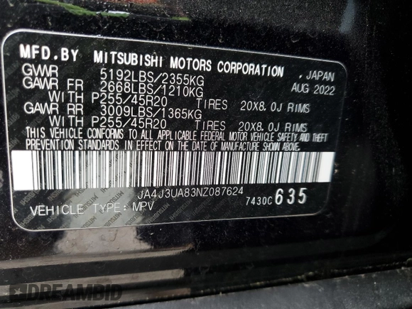 2022 Mitsubishi Outlander SE with VIN JA4J3UA83NZ087624, listed as a Copart auction lot 53121985 with 17,132 mi miles and Salvage title. Bid and sale history available at DreamBid. Image 13.